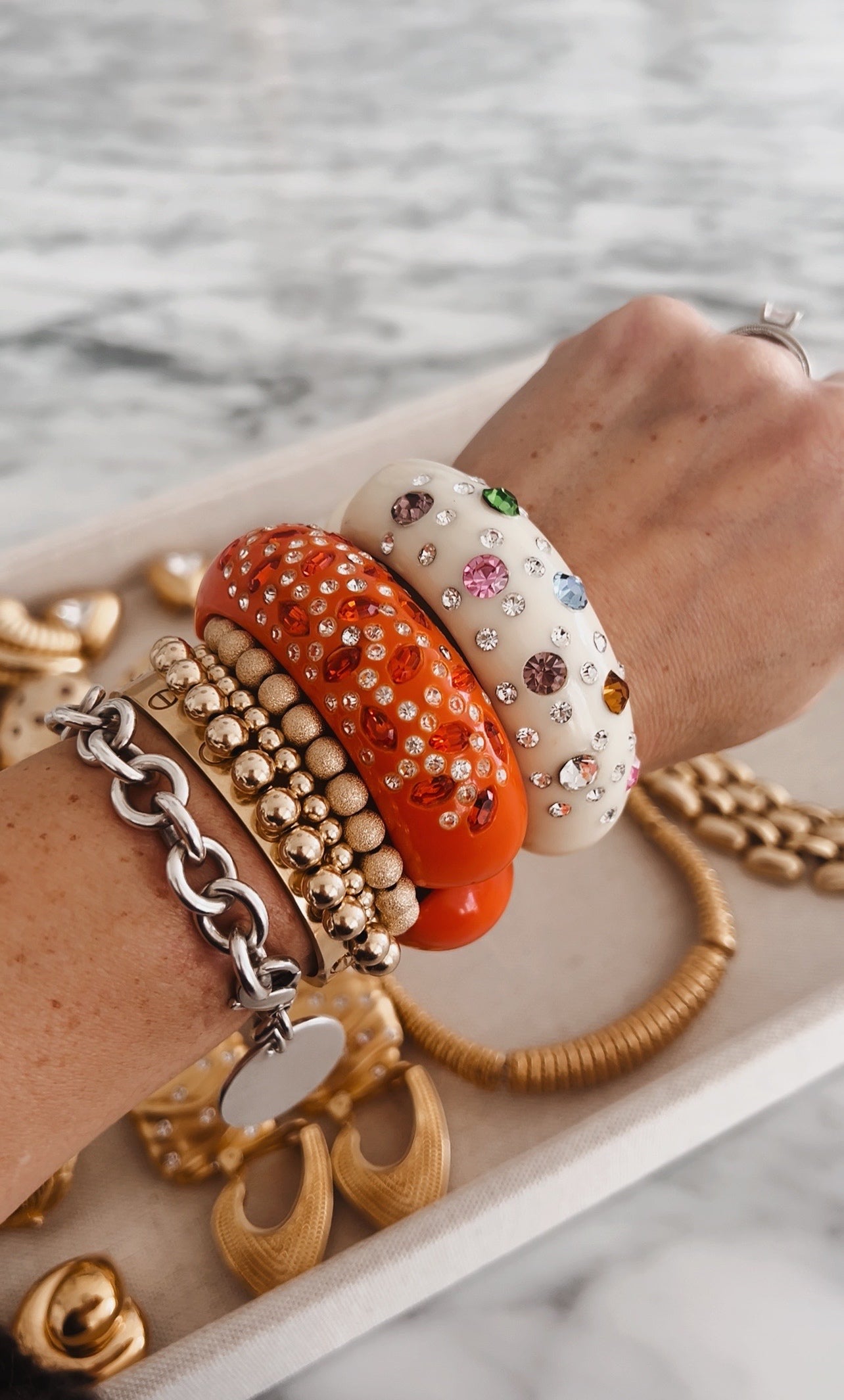 Vintage Orange Rhinestone Cuff Bracelet