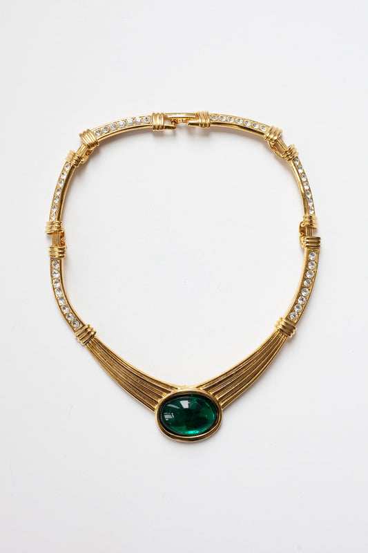 Vintage Diamanté Green Cabachon Necklace