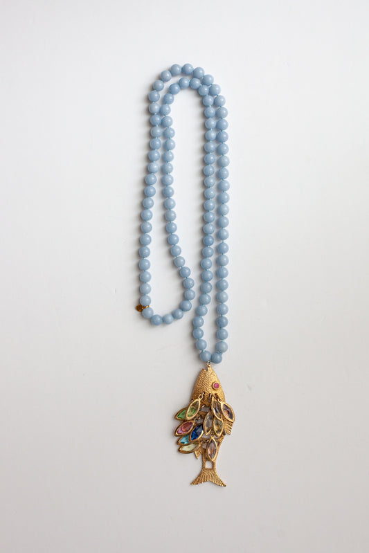 Angelite Necklace with Vintage Fish Pendant