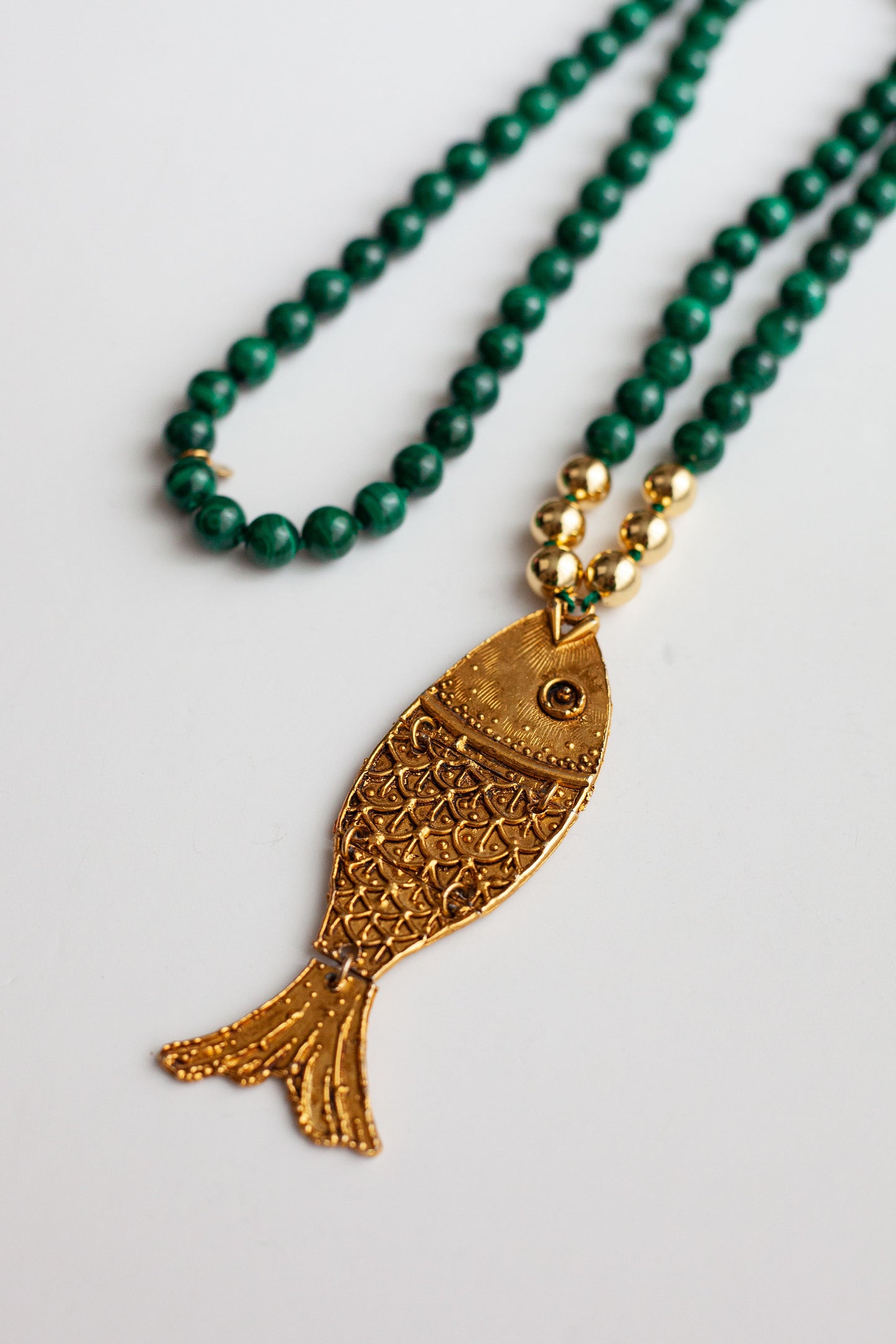 Malachite Necklace with Vintage Fish Pendant