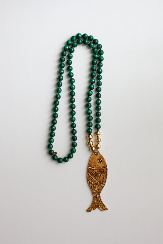 Malachite Necklace with Vintage Fish Pendant