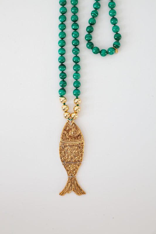 Malachite Necklace with Vintage Fish Pendant
