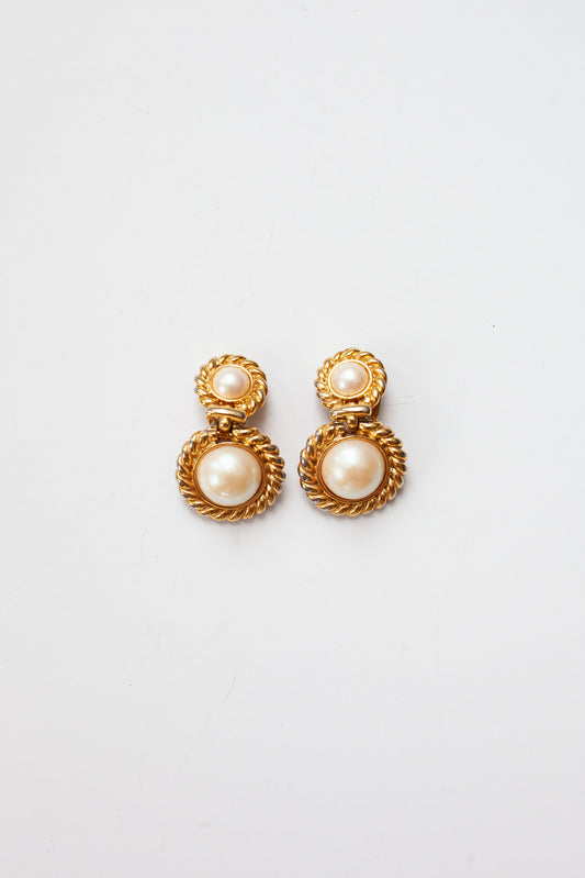 Vintage Petite Designer Double Pearl Drop Earrings