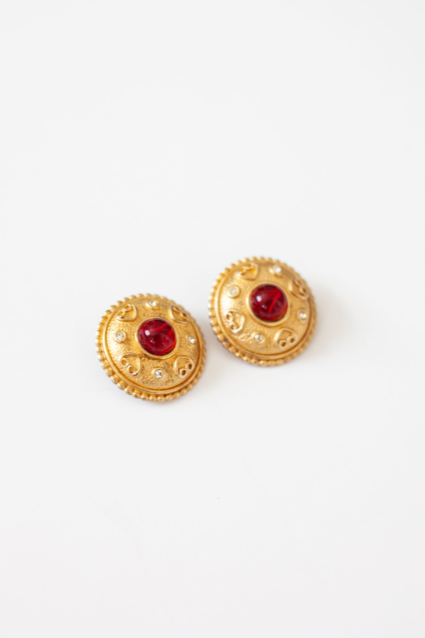 Vintage Red Cabachon Button Earrings